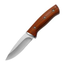 Full-tang Fixed Blade Knife with Leather Sheath, Clip Point Blade and Wood Handle, for Outdoor Survival, Camping